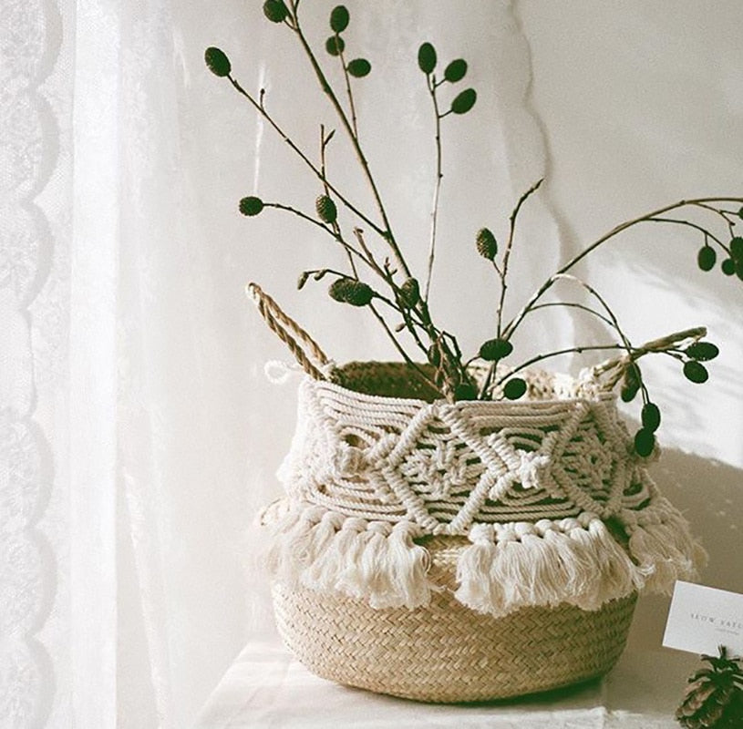 Woven Seagrass Basket With Handmade Tassels