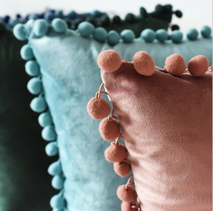 Soft Velvet Cushion Cover with Pompoms