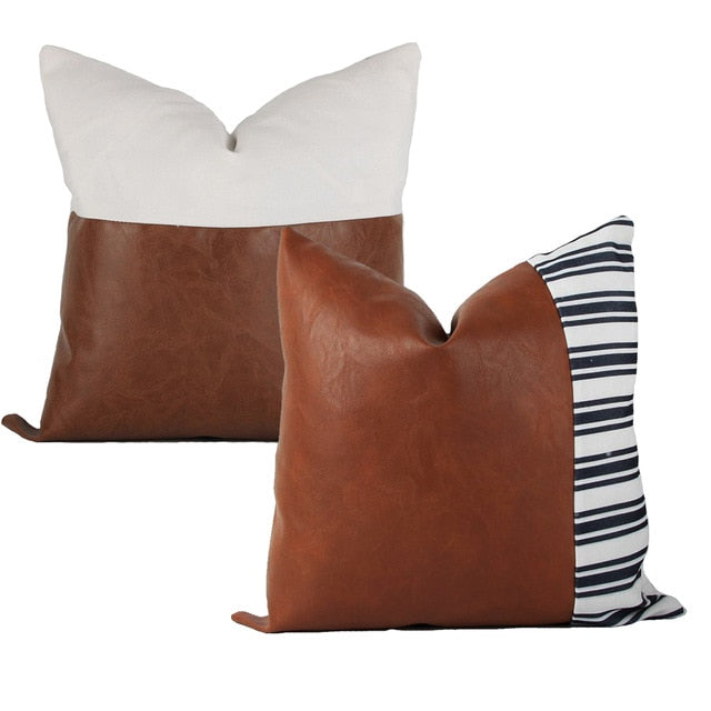 Set of Two Handmade Pillow Covers with Faux Leather Accents