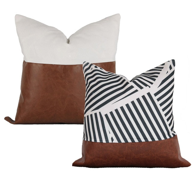 Set of Two Handmade Pillow Covers with Faux Leather Accents