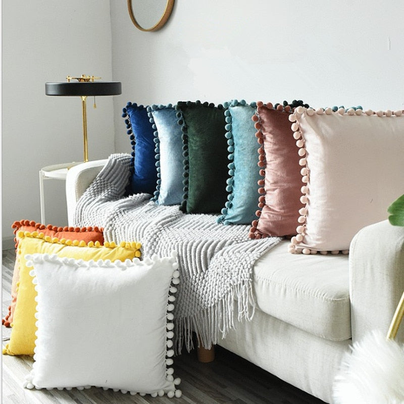 Soft Velvet Cushion Cover with Pompoms