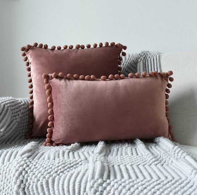 Soft Velvet Cushion Cover with Pompoms