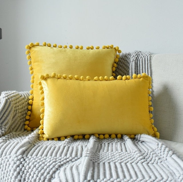 Soft Velvet Cushion Cover with Pompoms