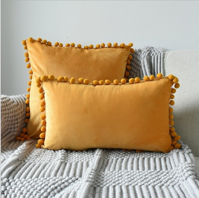 Soft Velvet Cushion Cover with Pompoms