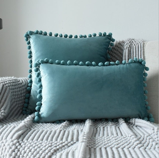 Soft Velvet Cushion Cover with Pompoms