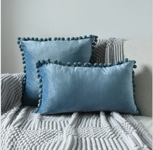 Soft Velvet Cushion Cover with Pompoms