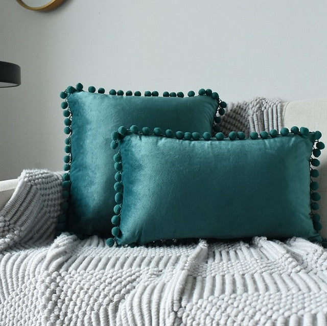 Soft Velvet Cushion Cover with Pompoms