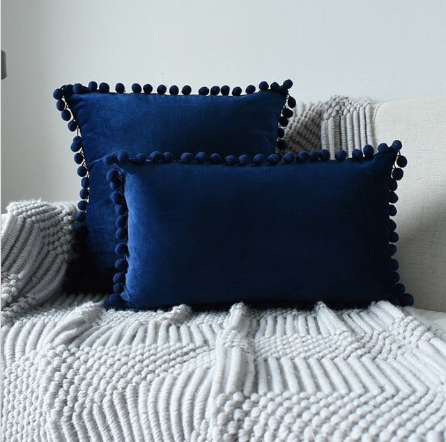 Soft Velvet Cushion Cover with Pompoms