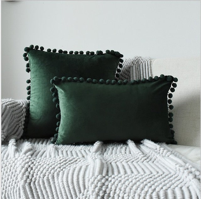 Soft Velvet Cushion Cover with Pompoms