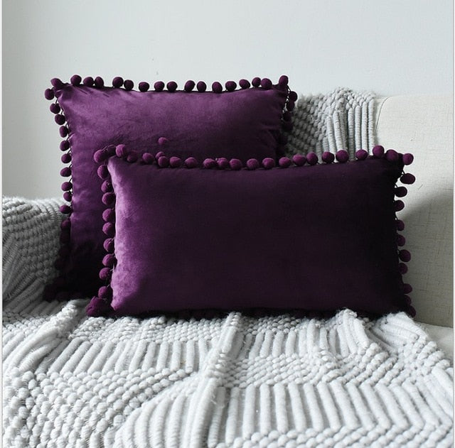 Soft Velvet Cushion Cover with Pompoms