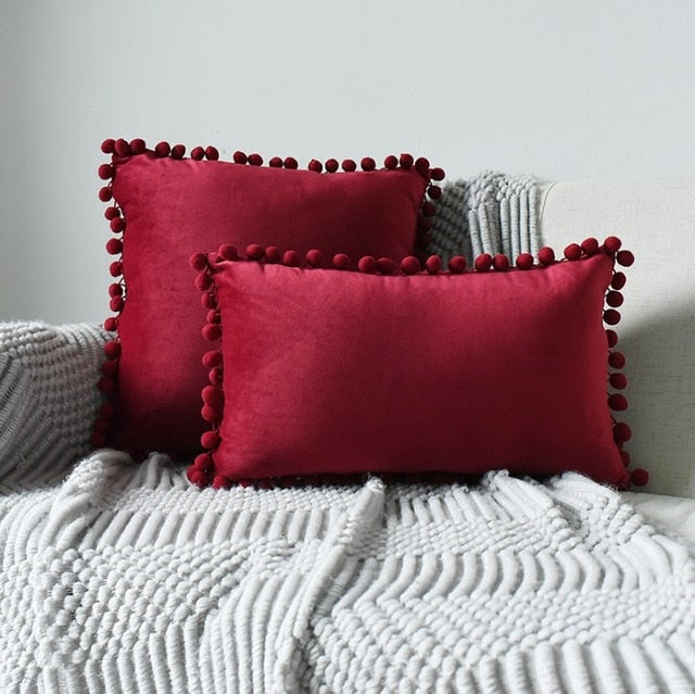 Soft Velvet Cushion Cover with Pompoms