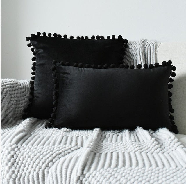 Soft Velvet Cushion Cover with Pompoms