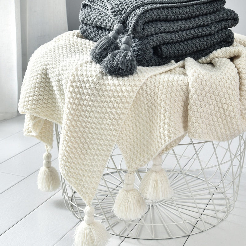 Chunky Hand-Knitted Pompom Blanket in Dark Grey