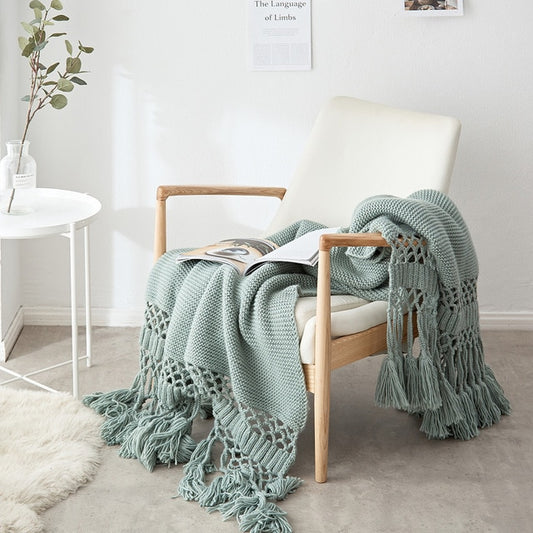 Chunky Hand-Knitted Tassel Blanket in Sea Foam Green