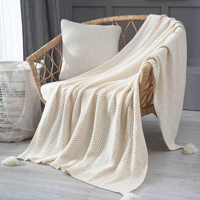 Chunky Hand-Knitted Pompom Blanket in Ivory