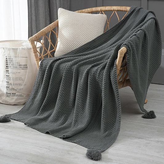 Chunky Hand-Knitted Pompom Blanket in Dark Grey