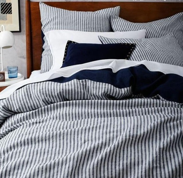 100% Pure Linen Bedding Set (Duvet & 2 Pillow Cases) - Navy Stripe