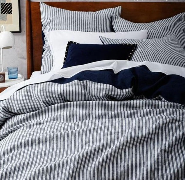100% Pure Linen Bedding Set (Duvet & 2 Pillow Cases) - Navy Stripe